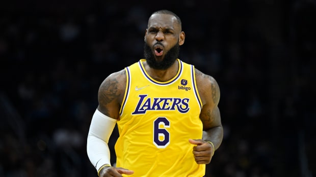 LeBron James reacts after a made shot.